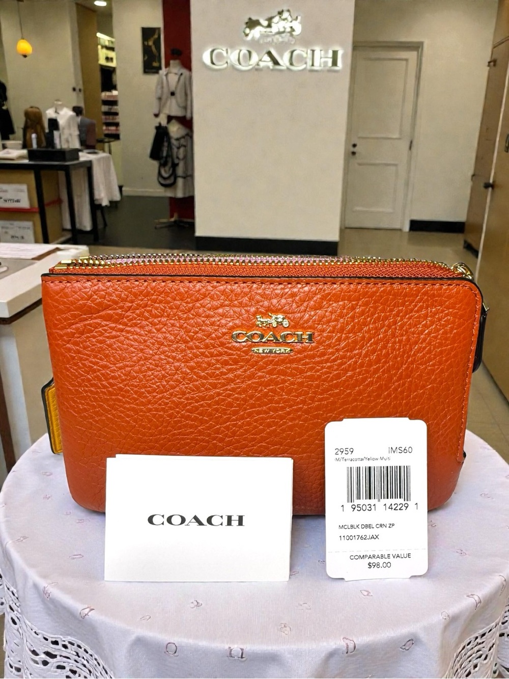 NWT Coach Pebbled Leather Double Zip Wristlet Colorblock Burnt Orange Pink $98 - Picture 6 of 15